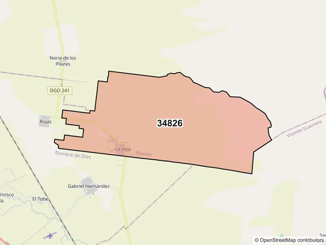 Mapa del código postal 34826, Poanas, Durango