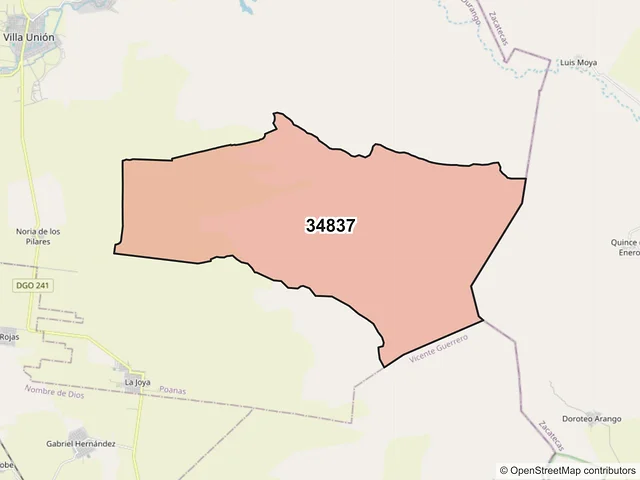 Mapa del código postal 34837, Poanas, Durango