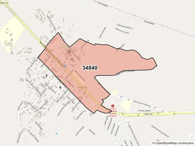 Mapa del código postal 34840, Nombre de Dios, Durango