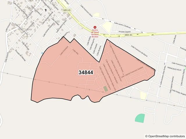 Mapa del código postal 34844, Nombre de Dios, Durango