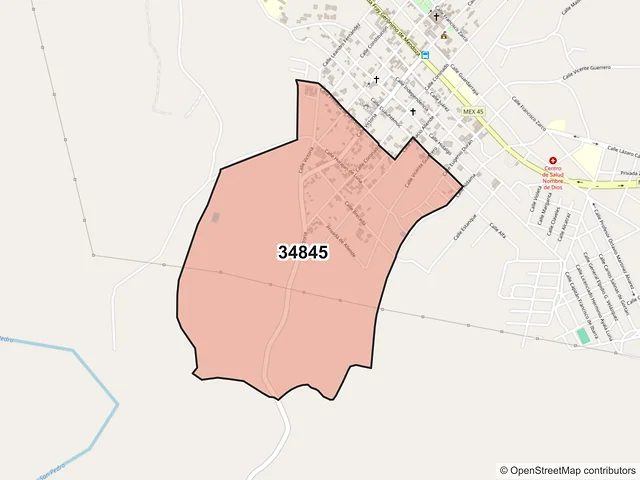 Mapa del código postal 34845, Nombre de Dios, Durango