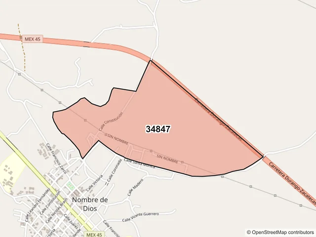 Mapa del código postal 34847, Nombre de Dios, Durango