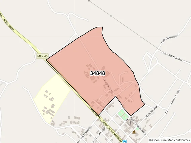 Mapa del código postal 34848, Nombre de Dios, Durango