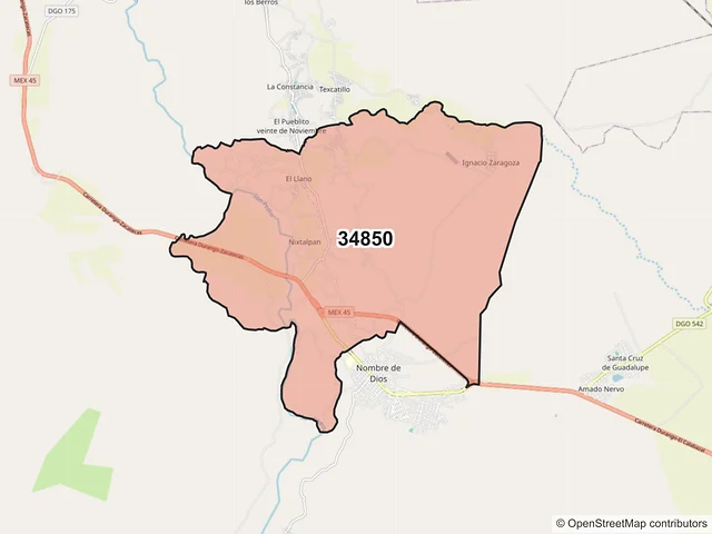 Mapa del código postal 34850, Nombre de Dios, Durango