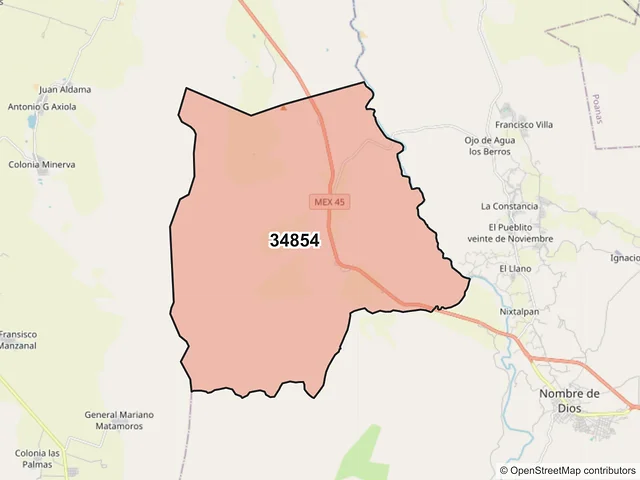 Mapa del código postal 34854, Nombre de Dios, Durango