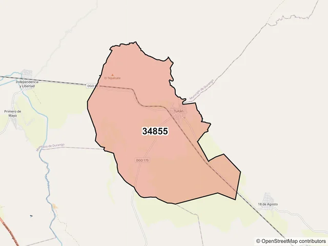 Mapa del código postal 34855, Nombre de Dios, Durango
