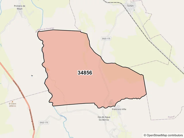 Mapa del código postal 34856, Nombre de Dios, Durango