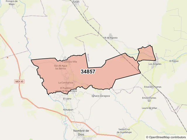 Mapa del código postal 34857, Nombre de Dios, Durango