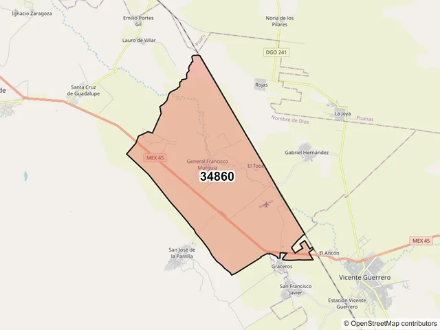 Mapa del código postal 34860, Nombre de Dios, Durango