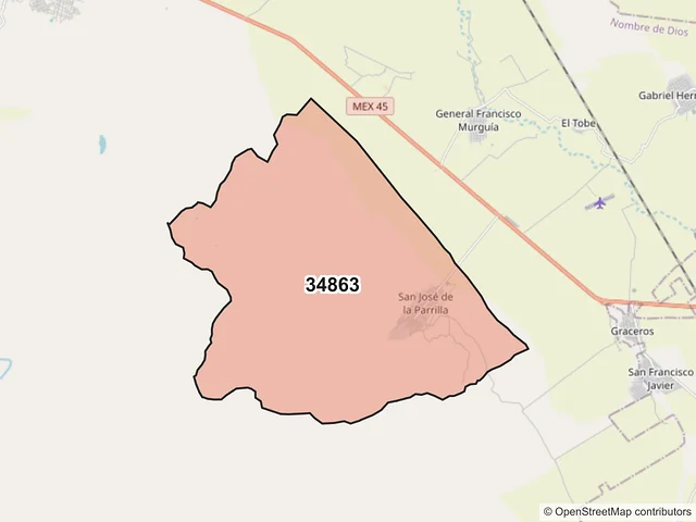 Mapa del código postal 34863, Nombre de Dios, Durango