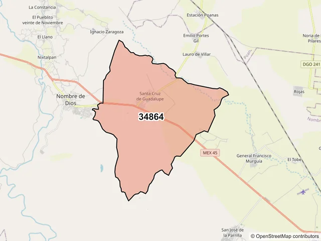 Mapa del código postal 34864, Nombre de Dios, Durango