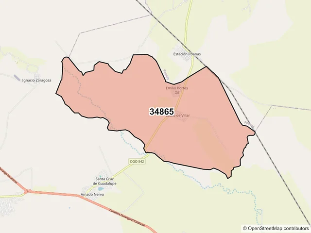 Mapa del código postal 34865, Nombre de Dios, Durango