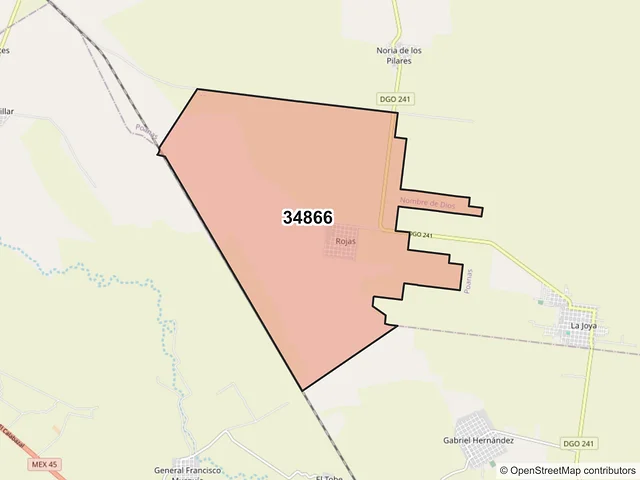 Mapa del código postal 34866, Nombre de Dios, Durango
