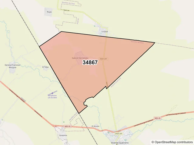 Mapa del código postal 34867, Nombre de Dios, Durango