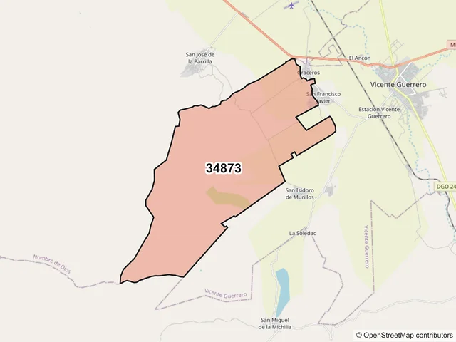 Mapa del código postal 34873, Nombre de Dios, Durango