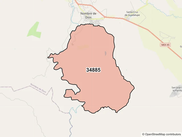 Mapa del código postal 34885, Nombre de Dios, Durango