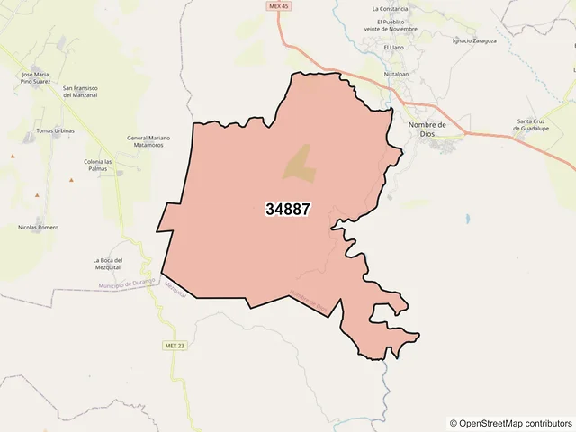 Mapa del código postal 34887, Nombre de Dios, Durango