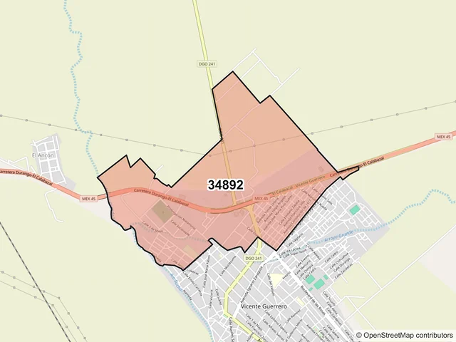 Mapa del código postal 34892, Vicente Guerrero, Durango