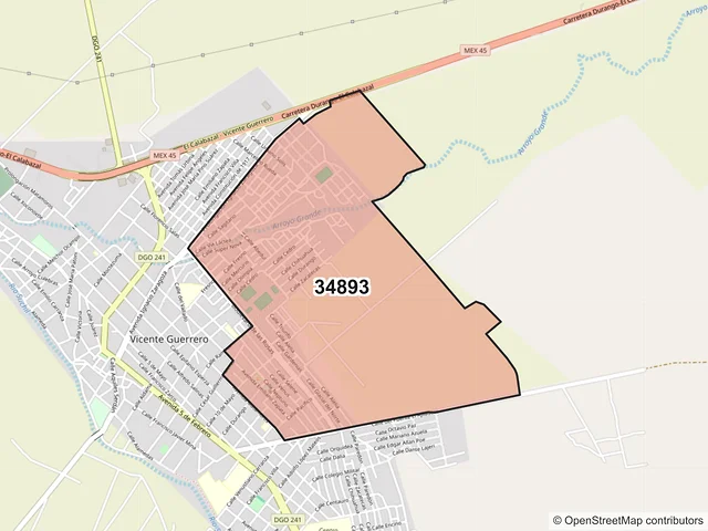 Mapa del código postal 34893, Vicente Guerrero, Durango