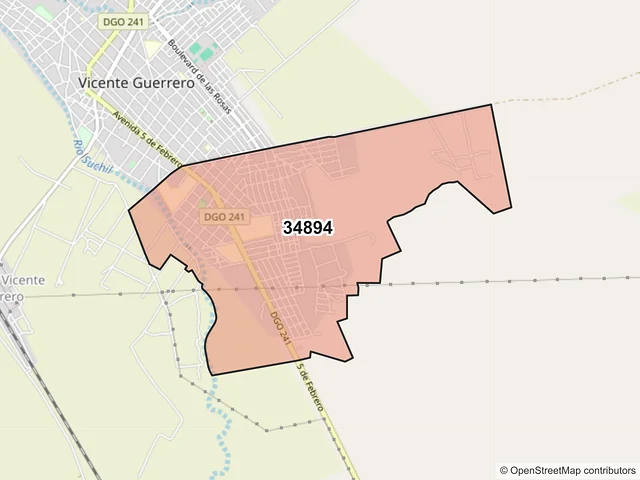Mapa del código postal 34894, Vicente Guerrero, Durango