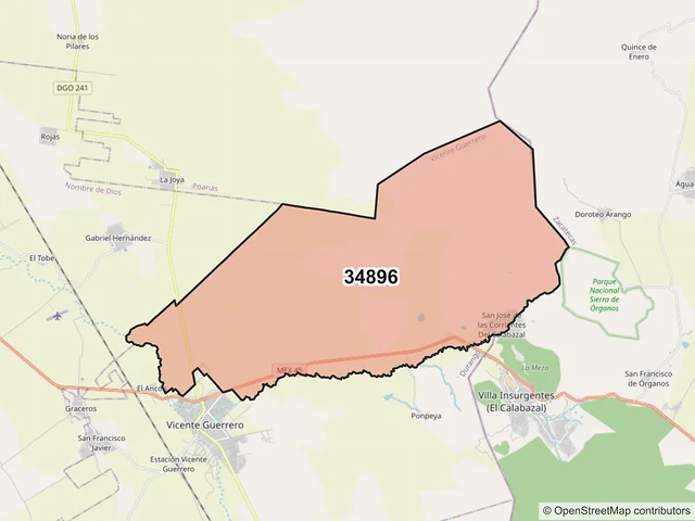 Mapa del código postal 34896, Vicente Guerrero, Durango