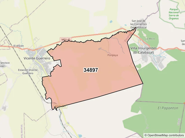Mapa del código postal 34897, Vicente Guerrero, Durango