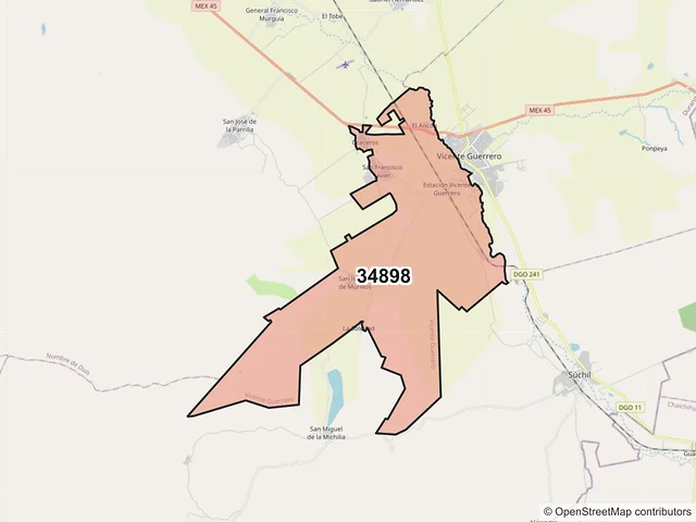 Mapa del código postal 34898, Vicente Guerrero, Durango