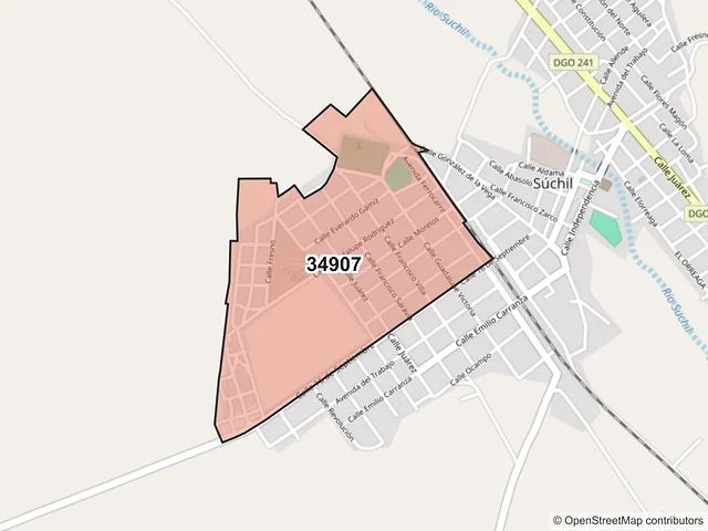 Mapa del código postal 34907, Súchil, Durango