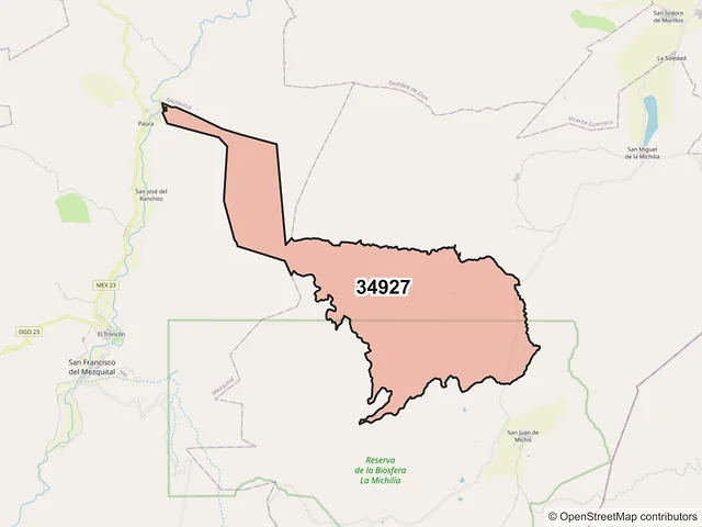 Mapa del código postal 34927, Súchil, Durango