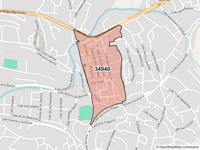Mapa del código postal 34940, Pueblo Nuevo, Durango