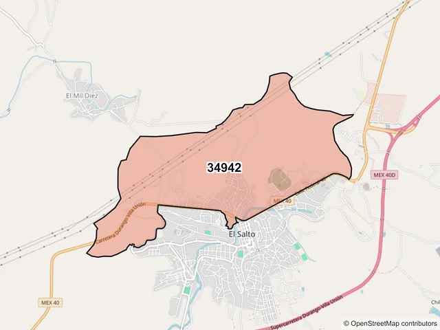 Mapa del código postal 34942, Pueblo Nuevo, Durango