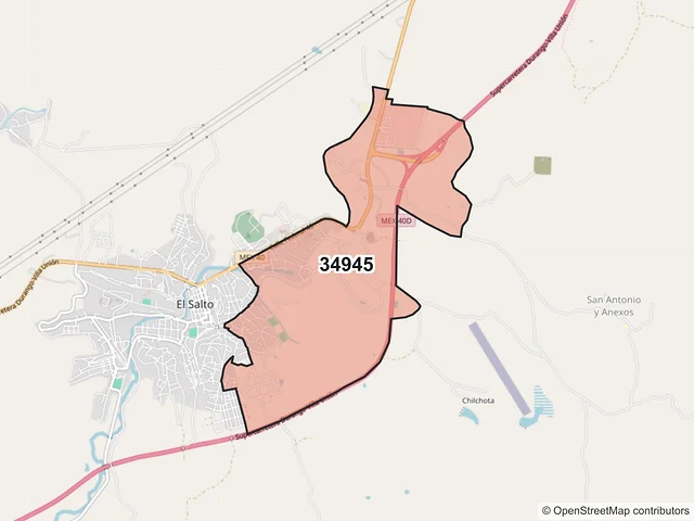 Mapa del código postal 34945, Pueblo Nuevo, Durango