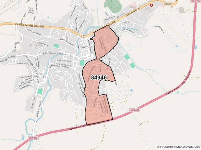 Mapa del código postal 34946, Pueblo Nuevo, Durango