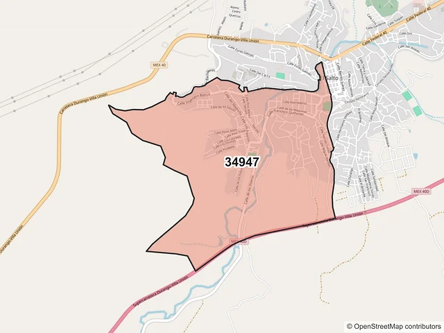 Mapa del código postal 34947, Pueblo Nuevo, Durango