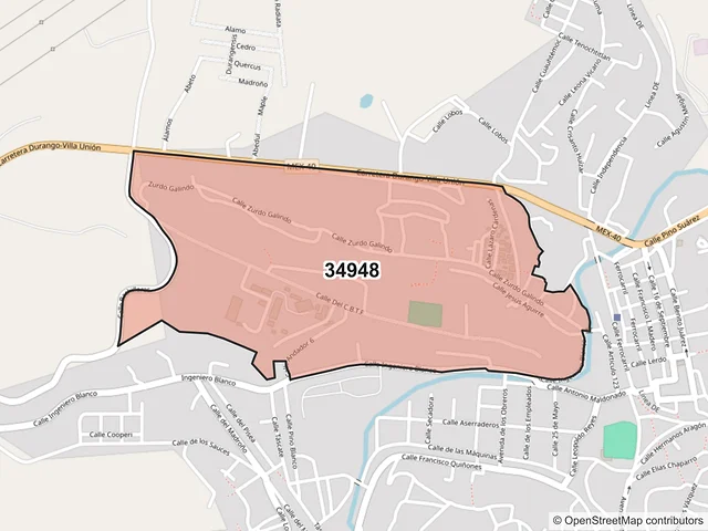 Mapa del código postal 34948, Pueblo Nuevo, Durango