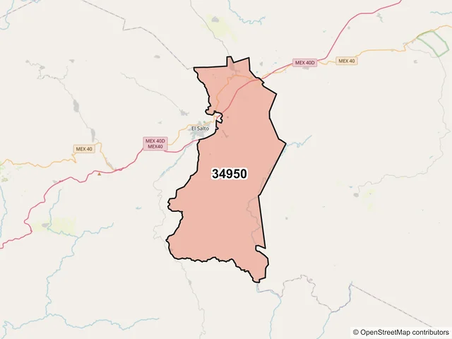 Mapa del código postal 34950, Pueblo Nuevo, Durango