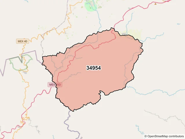 Mapa del código postal 34954, Pueblo Nuevo, Durango