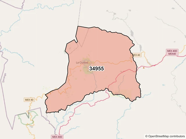 Mapa del código postal 34955, Pueblo Nuevo, Durango