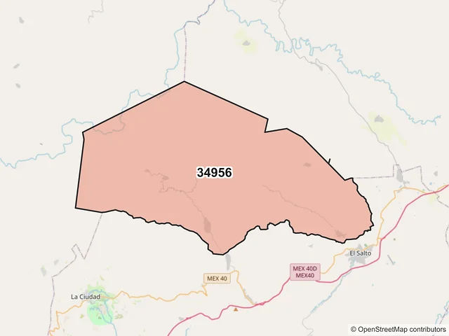 Mapa del código postal 34956, Pueblo Nuevo, Durango