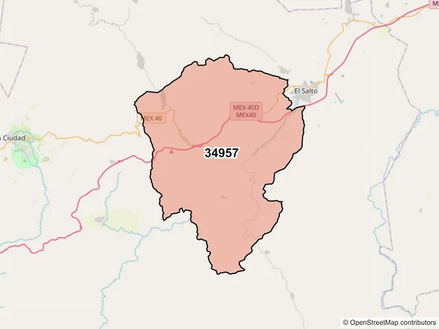 Mapa del código postal 34957, Pueblo Nuevo, Durango