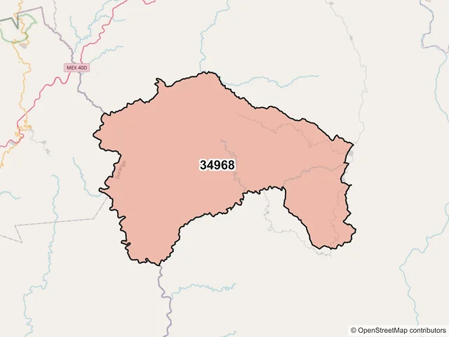 Mapa del código postal 34968, Pueblo Nuevo, Durango