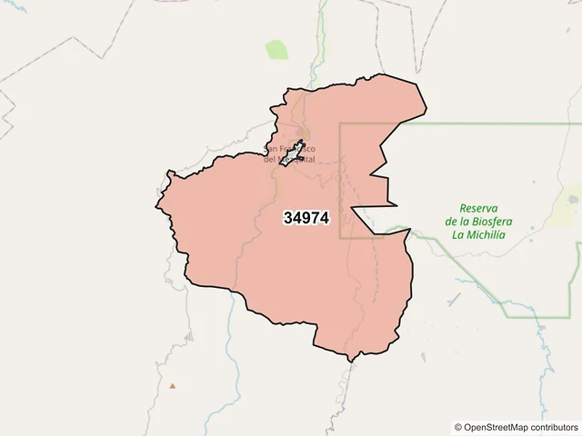 Mapa del código postal 34974, Mezquital, Durango