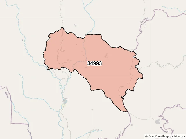Mapa del código postal 34993, Mezquital, Durango