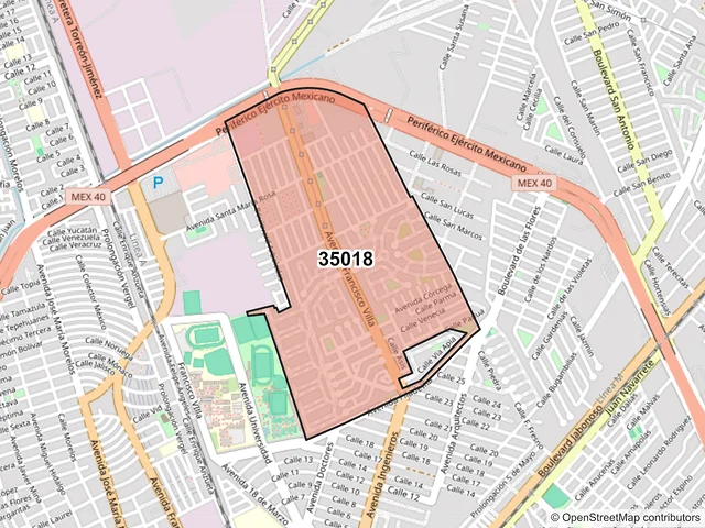Mapa del código postal 35018, Gómez Palacio, Durango
