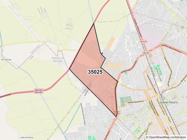 Mapa del código postal 35025, Gómez Palacio, Durango