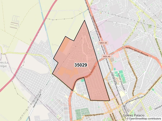 Mapa del código postal 35029, Gómez Palacio, Durango