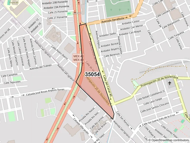 Mapa del código postal 35054, Gómez Palacio, Durango