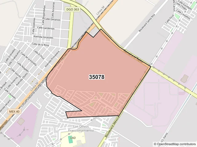 Mapa del código postal 35078, Gómez Palacio, Durango