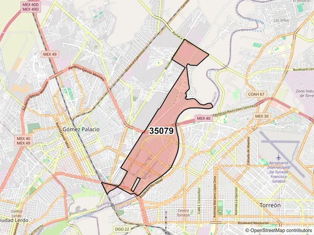 Mapa del código postal 35079, Gómez Palacio, Durango