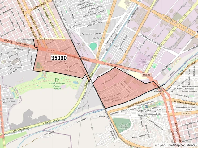 Mapa del código postal 35090, Gómez Palacio, Durango